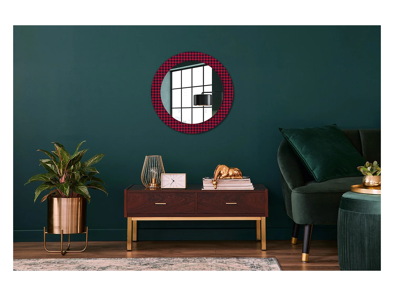 Specchio rotondo decorativo - Griglia rossa - 60 cm