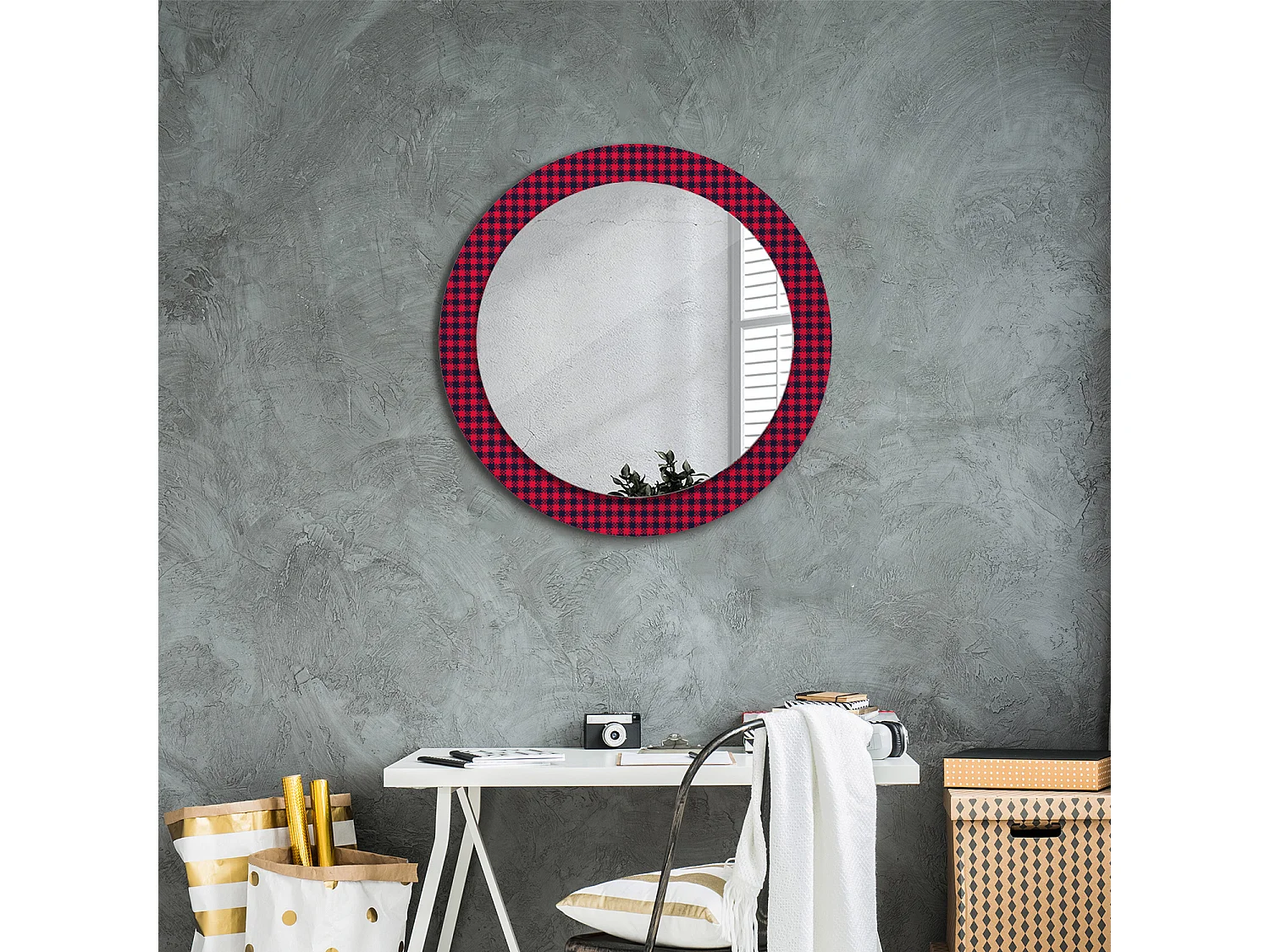 Decoratieve ronde spiegel - Rood raster - 60 cm