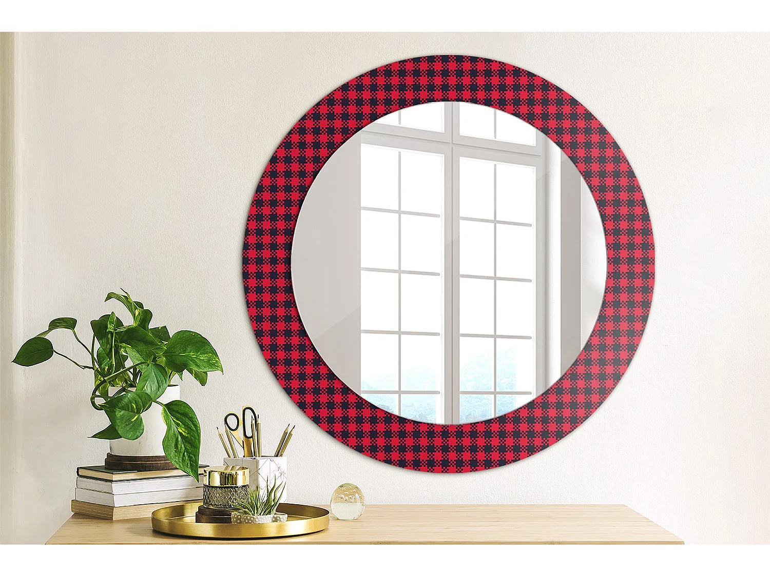 Decoratieve ronde spiegel - Rood raster - 60 cm