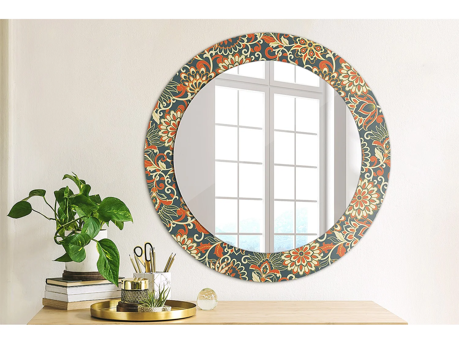 Miroir rond décoratif - Fleurs rétro - 70 cm