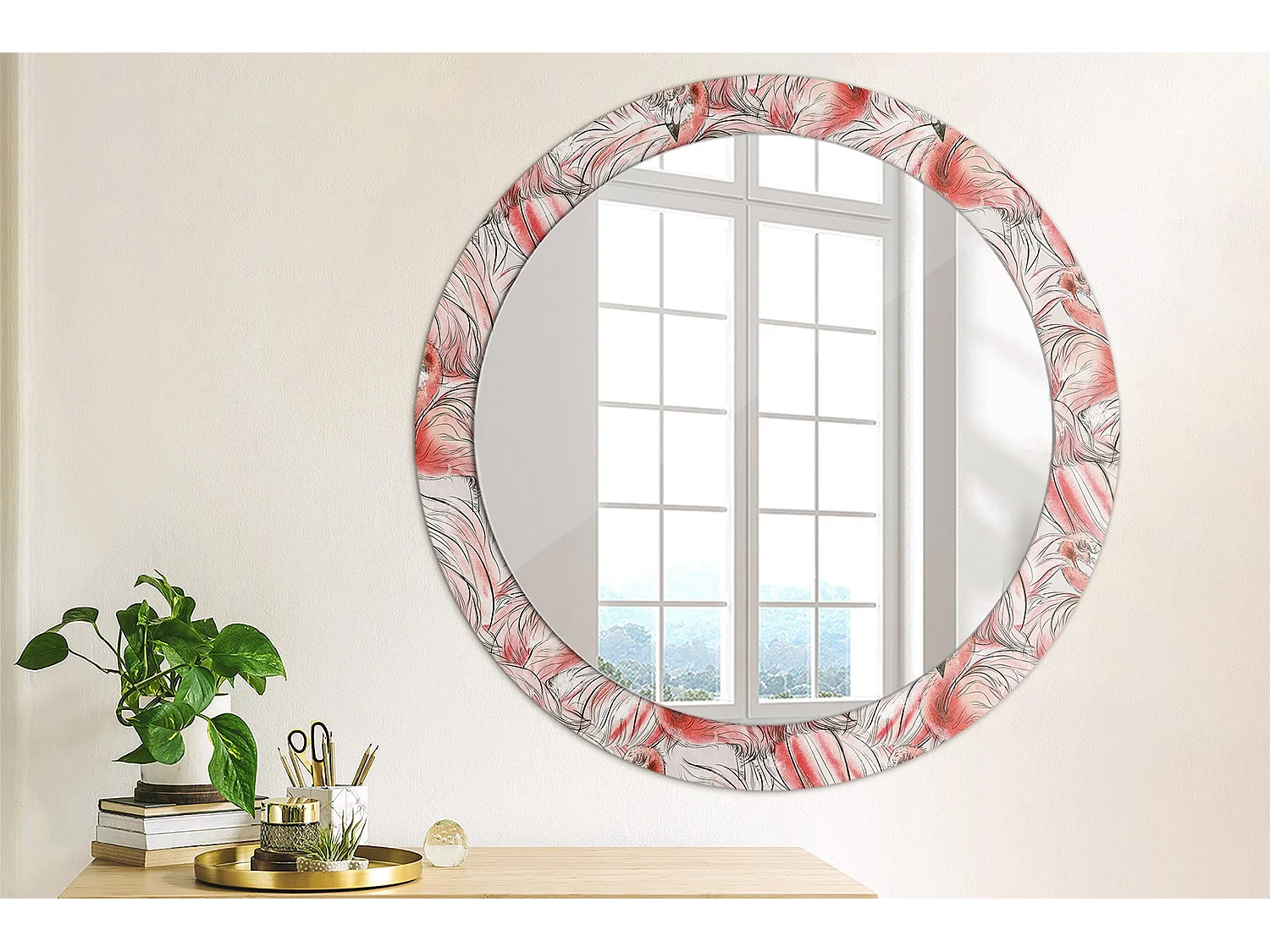 Miroir rond décoratif - Flamants roses - 80 cm