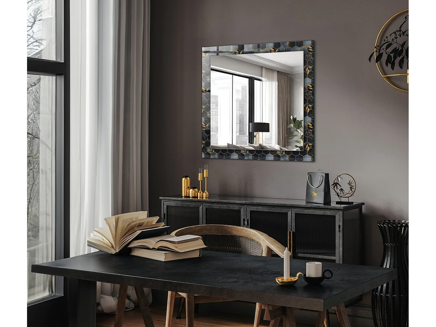 Miroir décoratif avec cadre Hexagones feuilles 60 x 60 cm