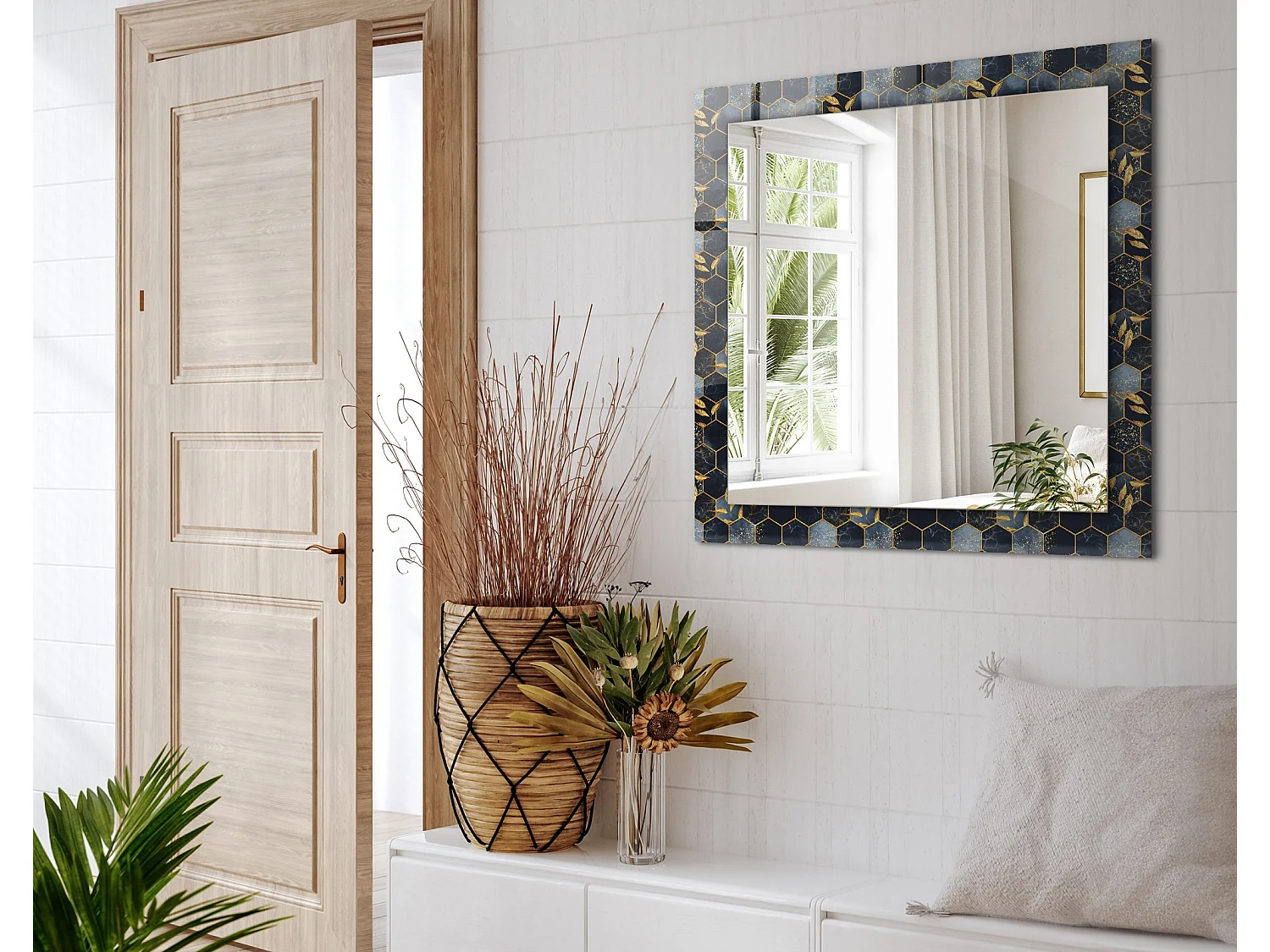 Miroir décoratif avec cadre Hexagones feuilles 60 x 60 cm