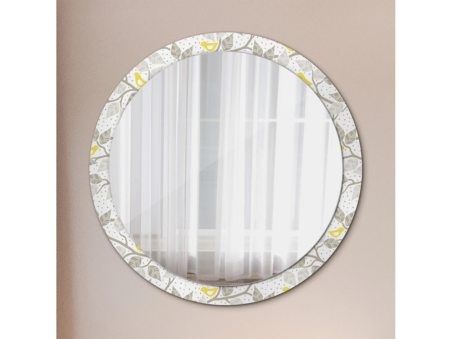 Runder dekorativer Spiegel – Gelbe Vögel auf Zweigen – 100 cm