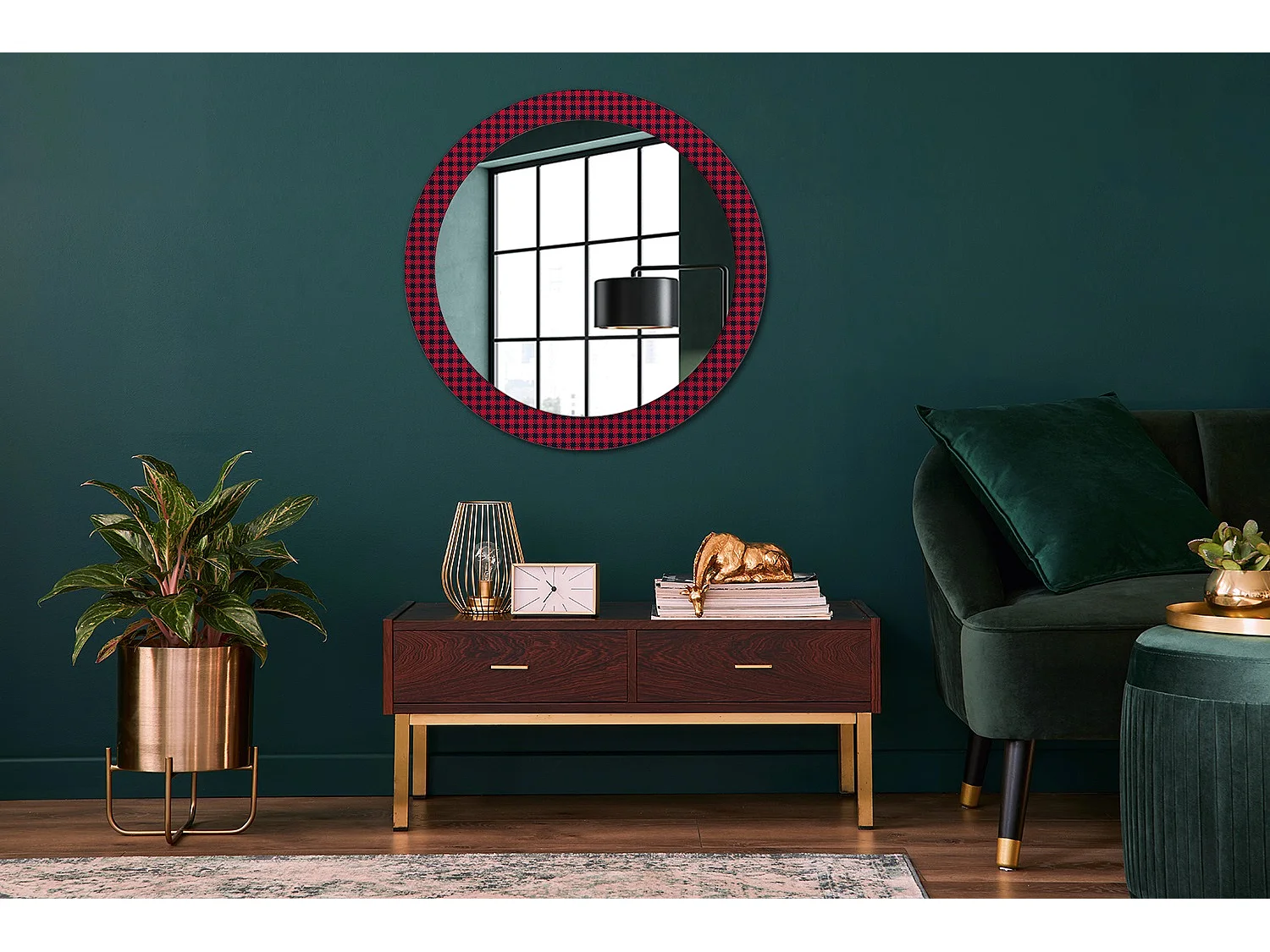 Miroir rond décoratif - Grille rouge - 80 cm