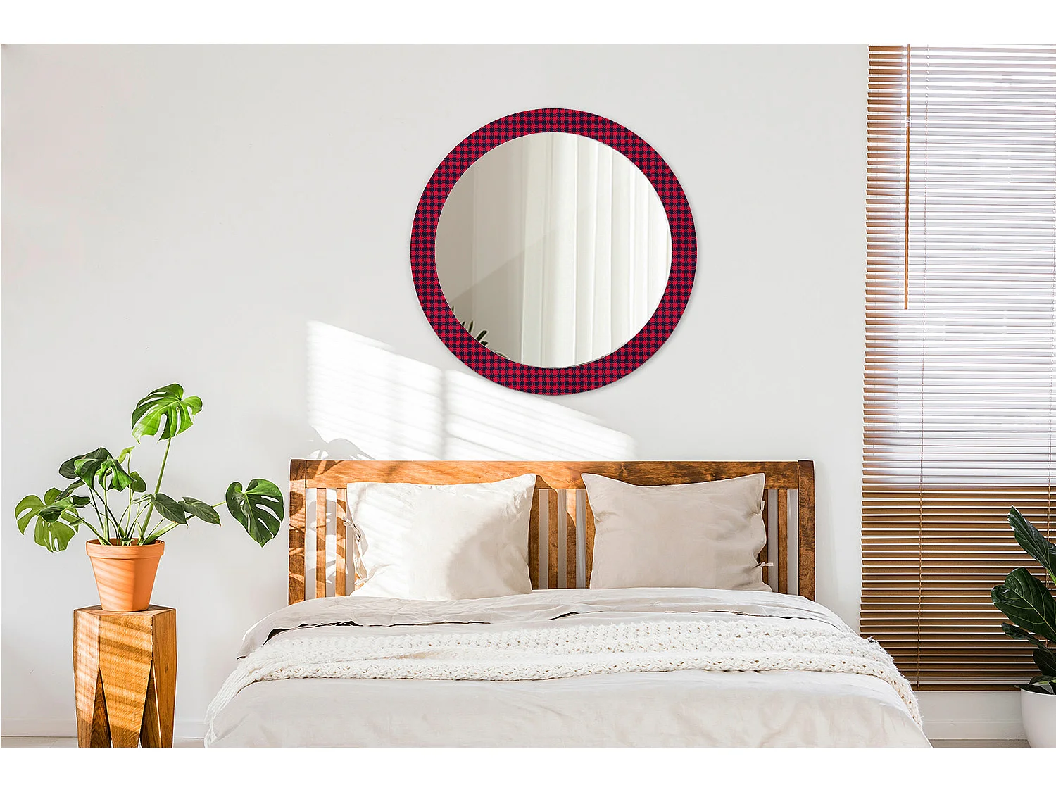 Miroir rond décoratif - Grille rouge - 80 cm