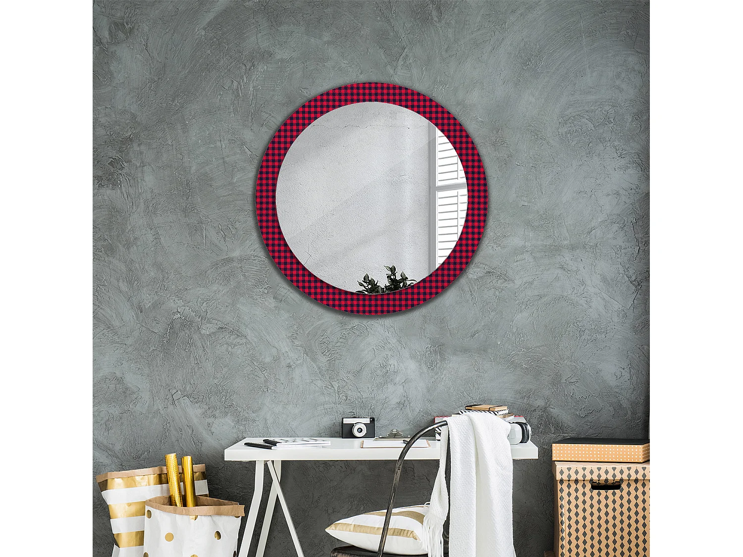 Miroir rond décoratif - Grille rouge - 80 cm