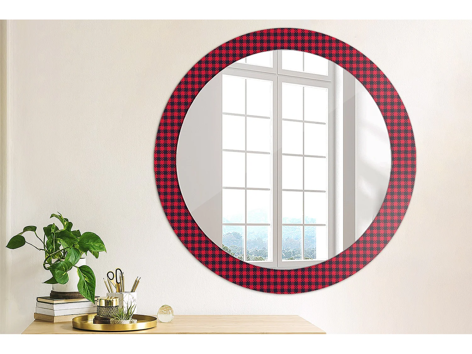Decoratieve ronde spiegel - Rood raster - 80 cm
