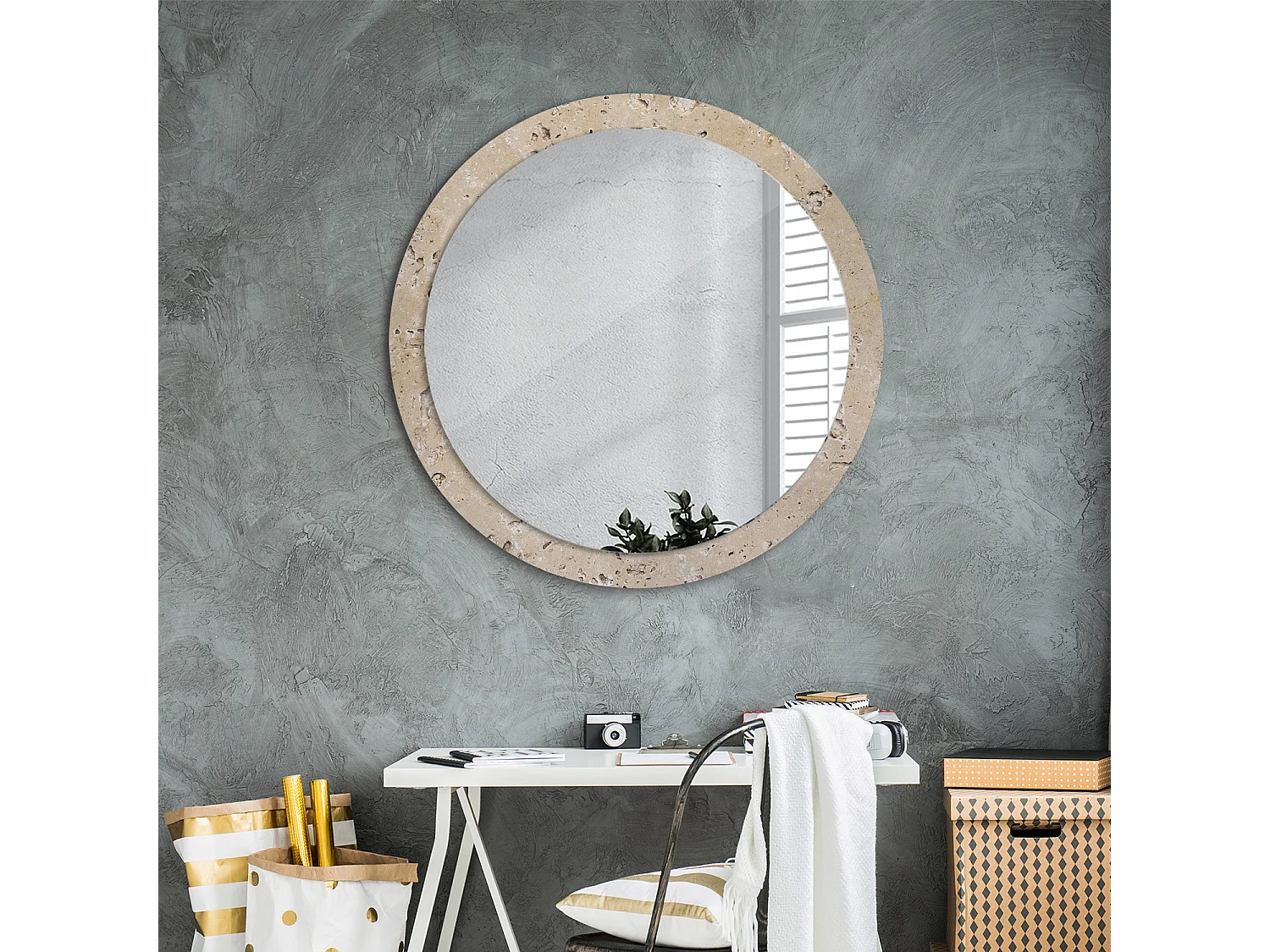 Miroir rond décoratif - Imitation pierre - 90 cm