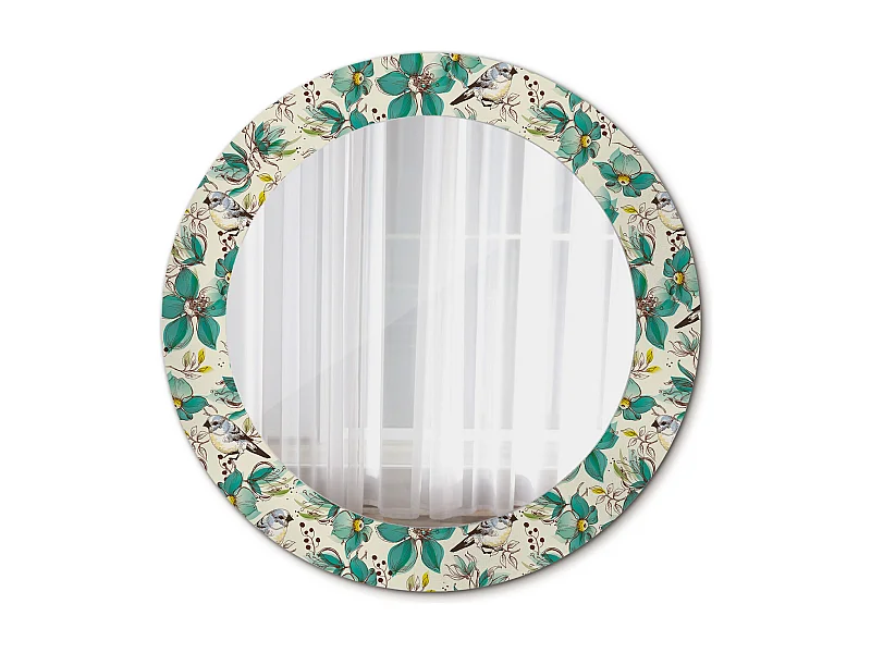 Miroir rond décoratif - Fleurs et oiseaux - 70 cm