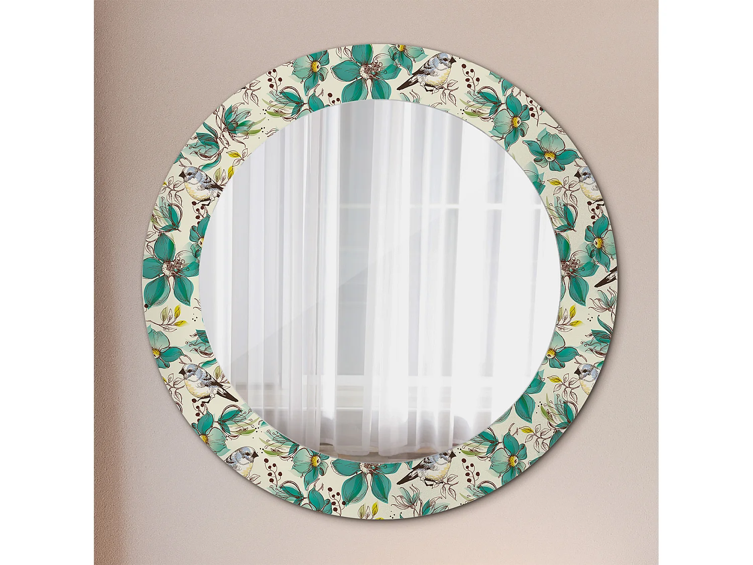 Miroir rond décoratif - Fleurs et oiseaux - 70 cm