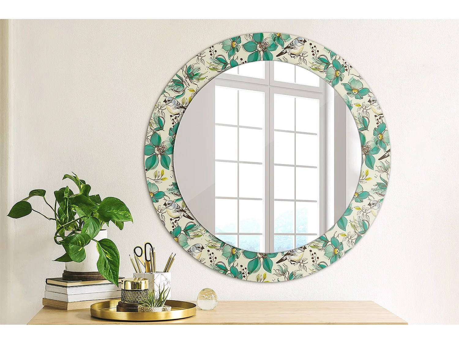 Miroir rond décoratif - Fleurs et oiseaux - 70 cm