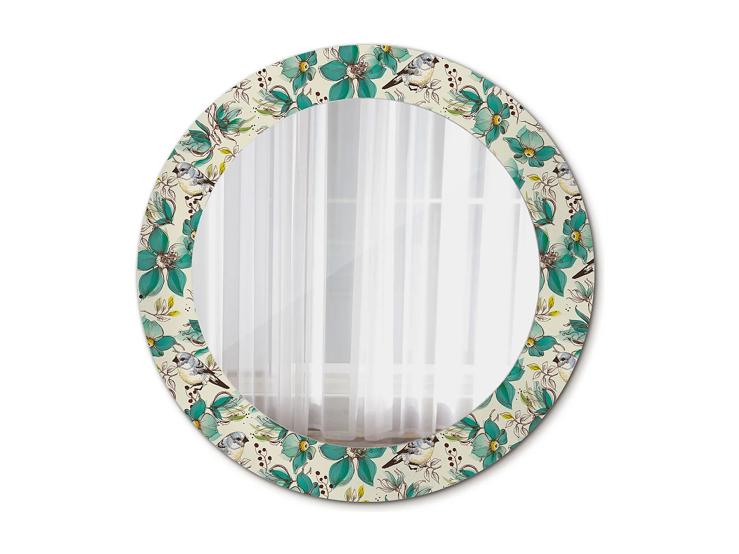 Miroir rond décoratif - Fleurs et oiseaux - 70 cm