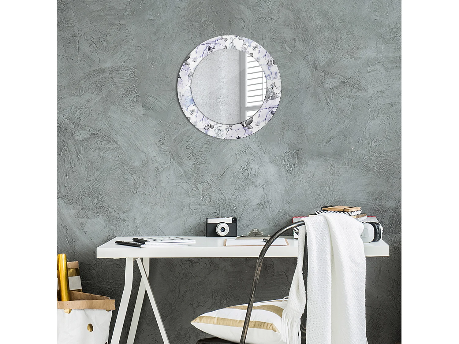 Miroir rond décoratif - Roses bleues - 50 cm