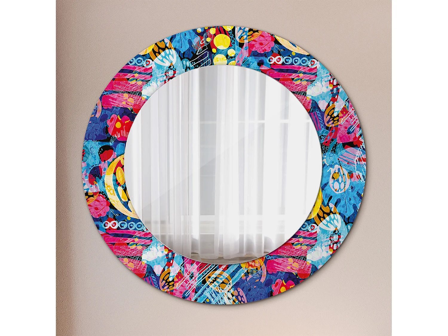 Miroir rond décoratif - Griffonnages colorés - 50 cm