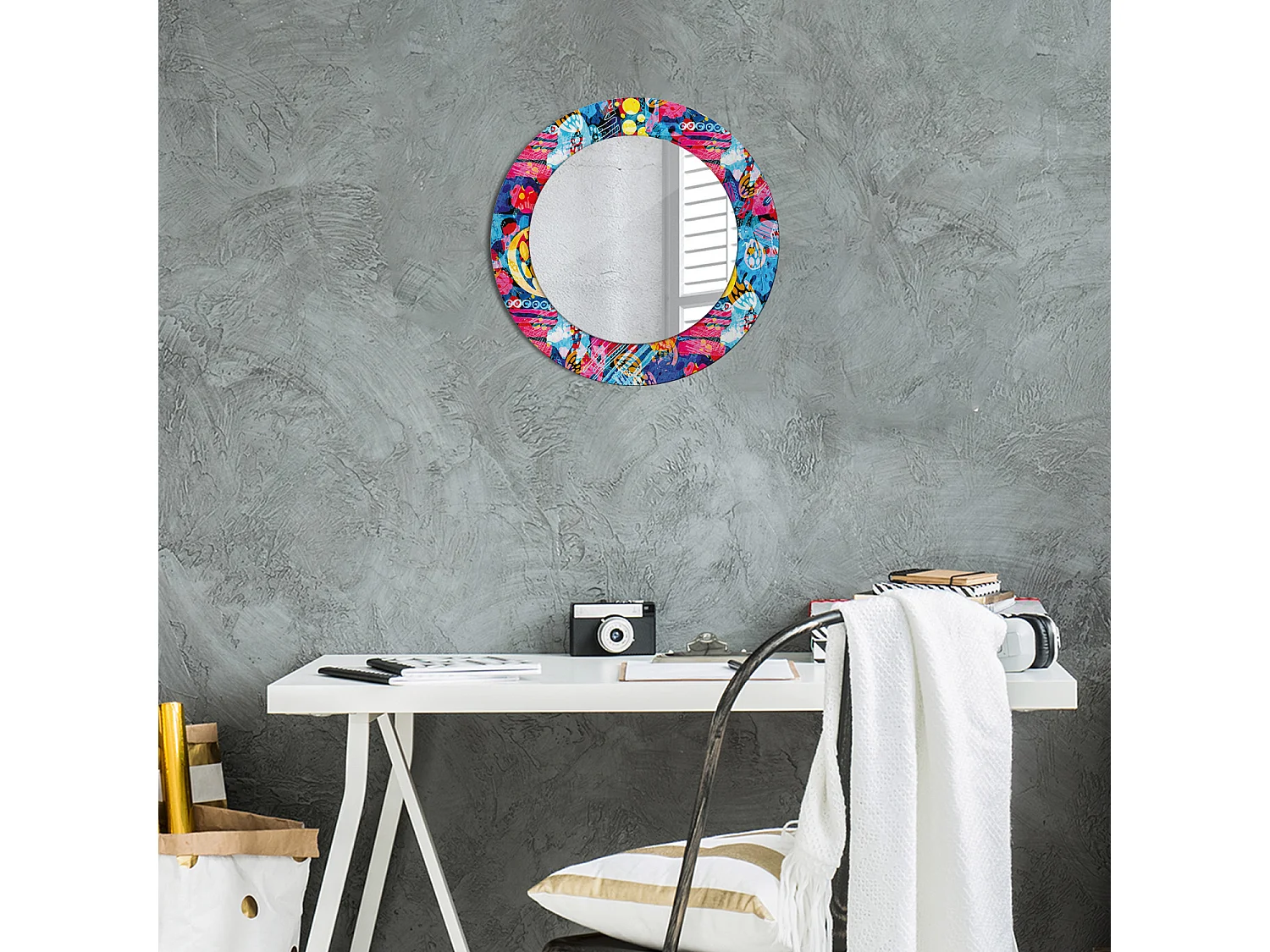 Miroir rond décoratif - Griffonnages colorés - 50 cm
