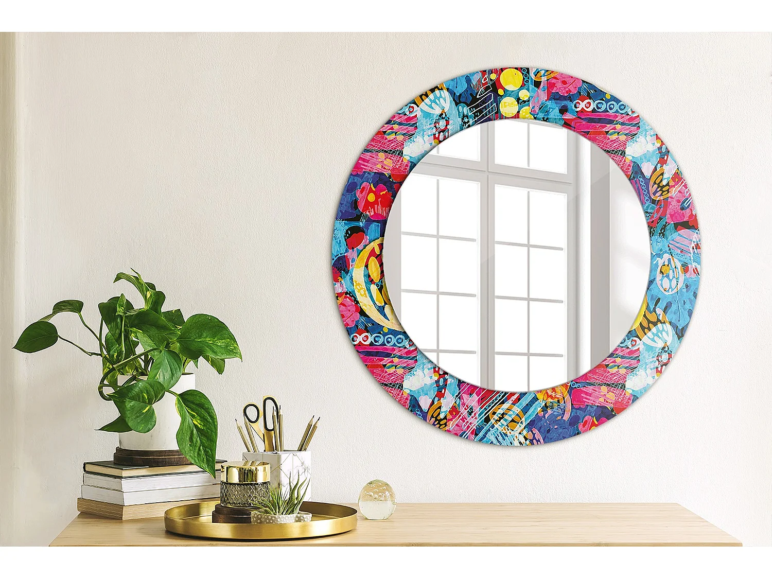 Miroir rond décoratif - Griffonnages colorés - 50 cm