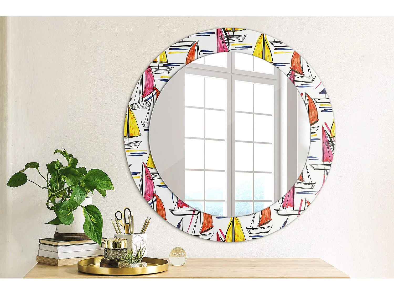 Decoratieve ronde spiegel - Kleurrijke boten - 60 cm