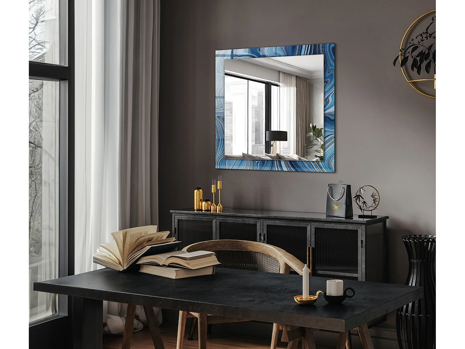 Miroir décoratif avec cadre motif bleu 60 x 60 cm