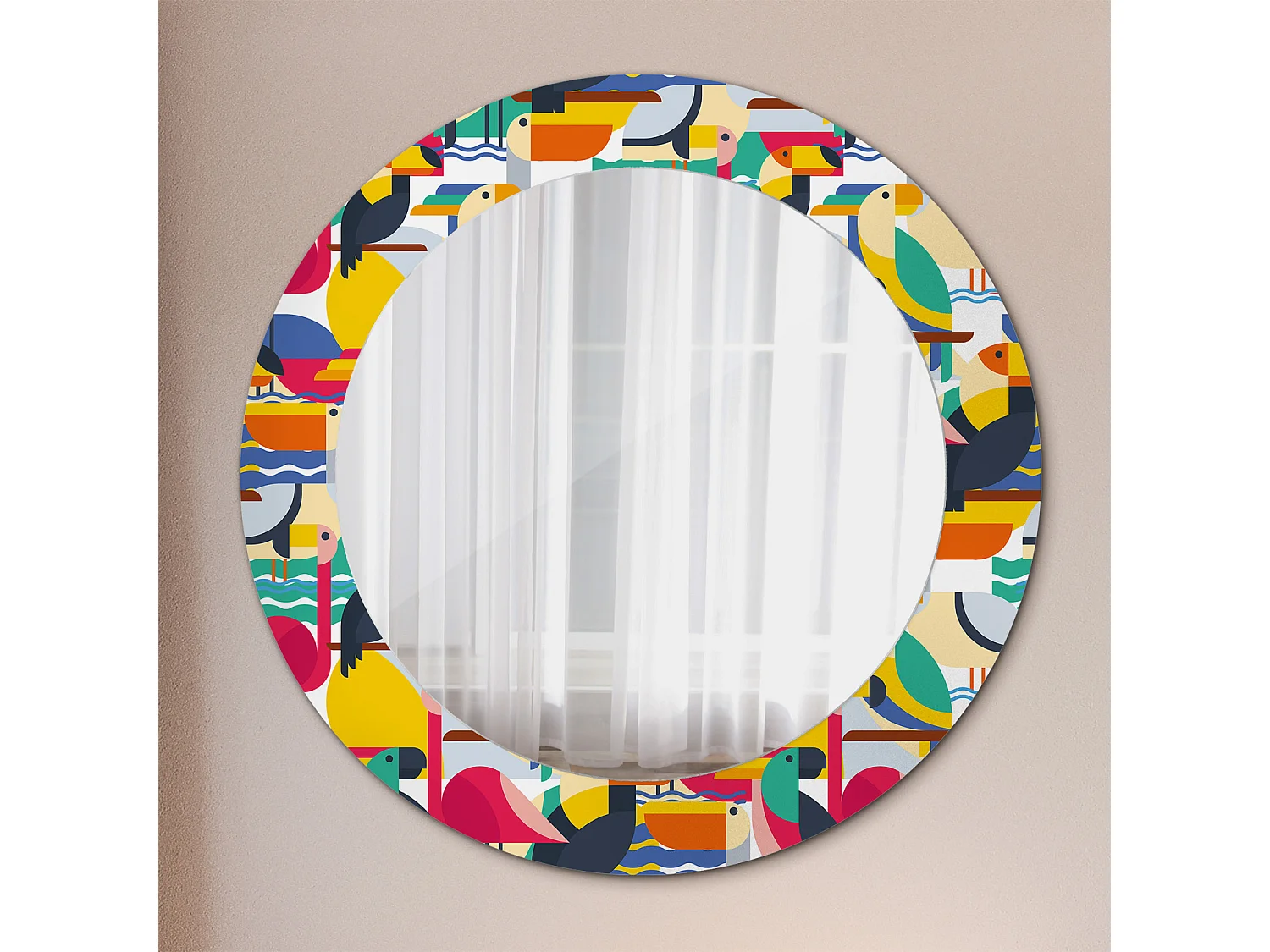 Dekorativer runder Spiegel - Geometrische tropische Vögel - 60 cm