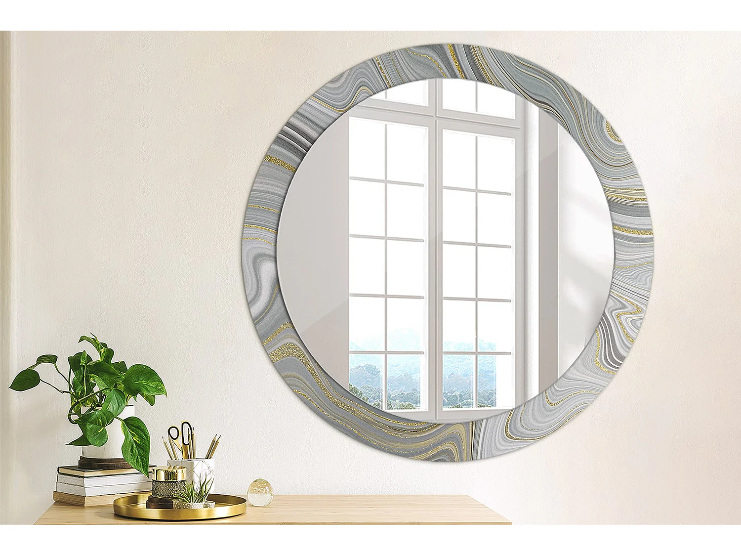 Runder dekorativer Spiegel - Grauer Marmor - 80 cm