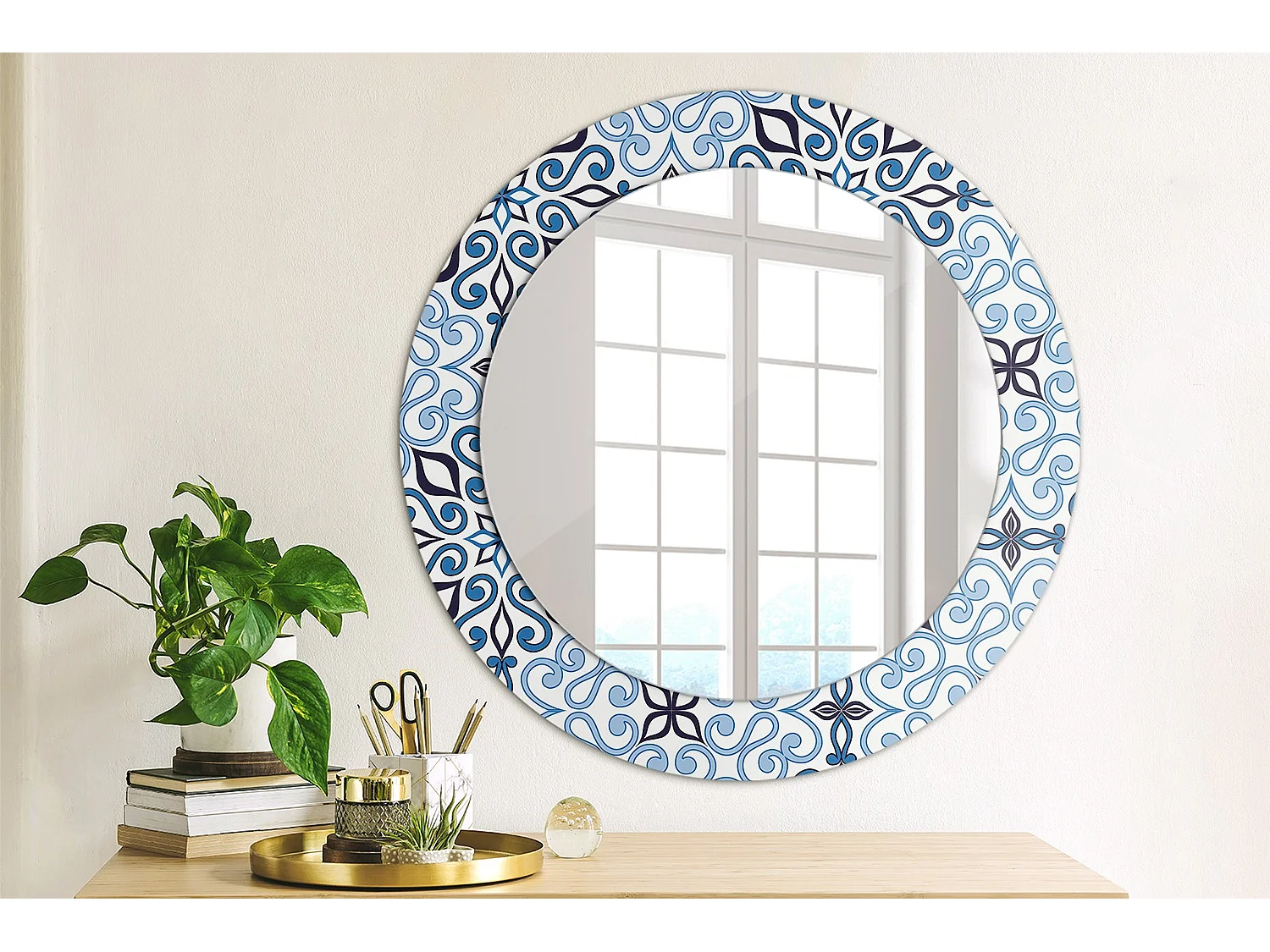Ronde decoratieve spiegel - blauw Arabisch motief - 60 cm