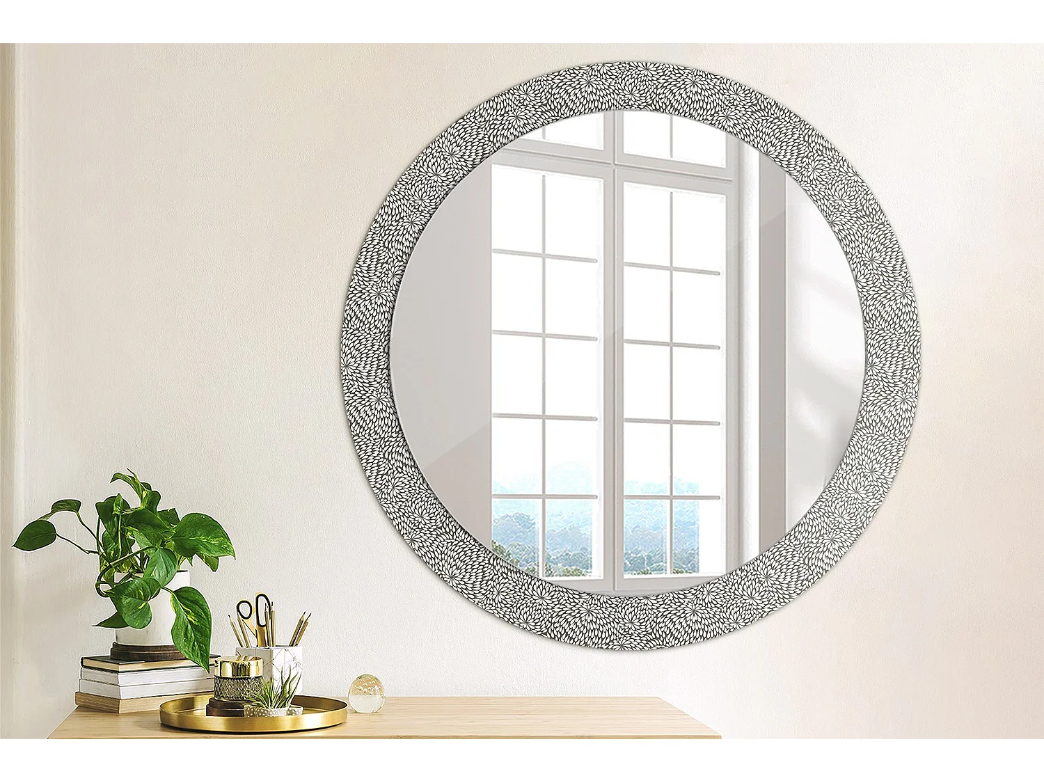 Miroir rond décoratif - Motif floral - 80 cm