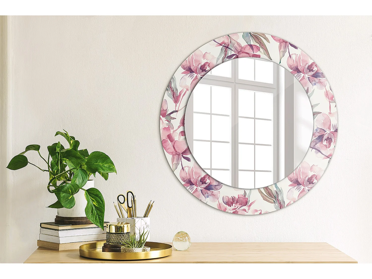 Miroir rond décoratif - Fleurs de pivoines - 50 cm