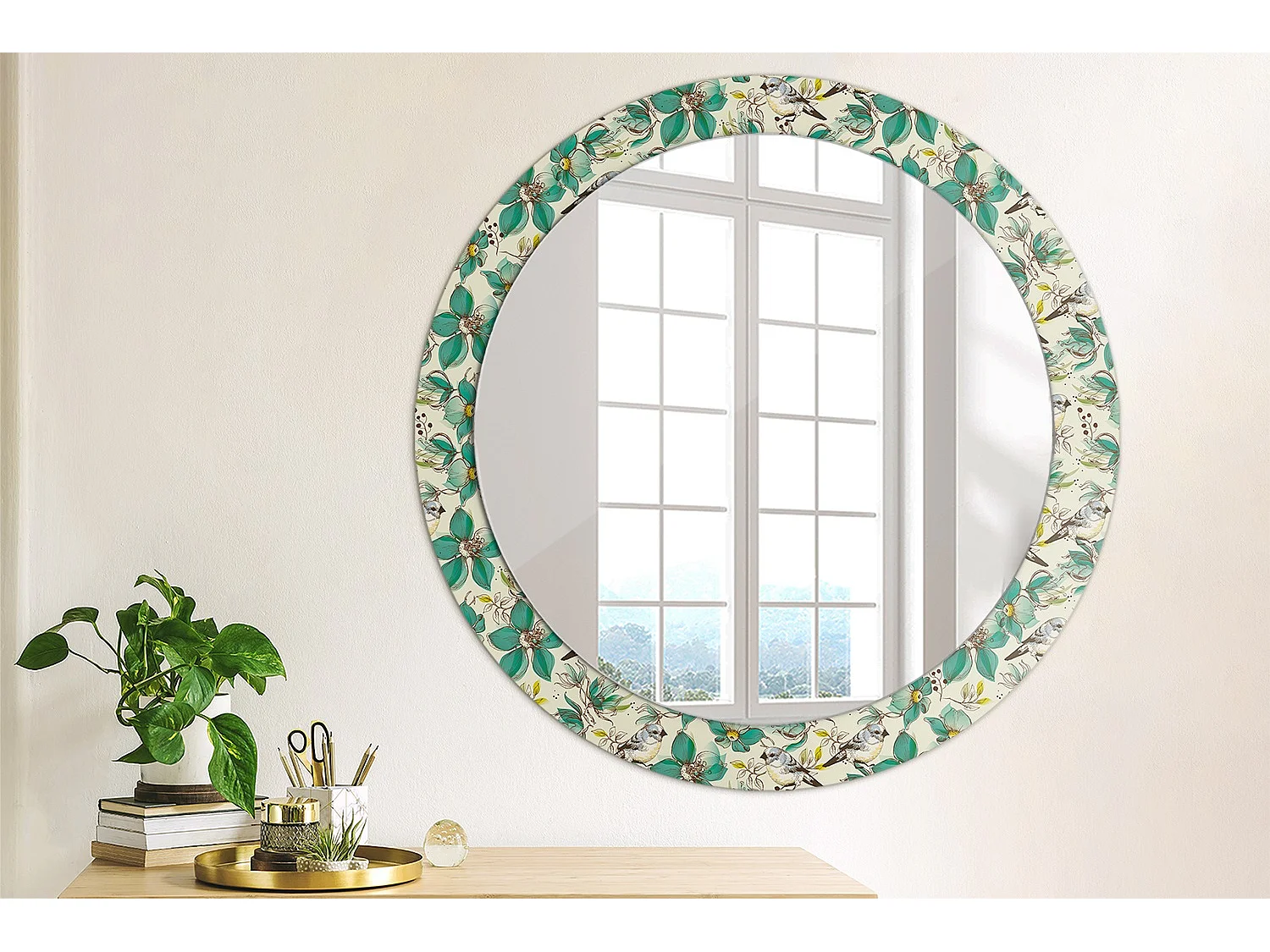 Decoratieve ronde spiegel - bloemen en vogels - 80 cm