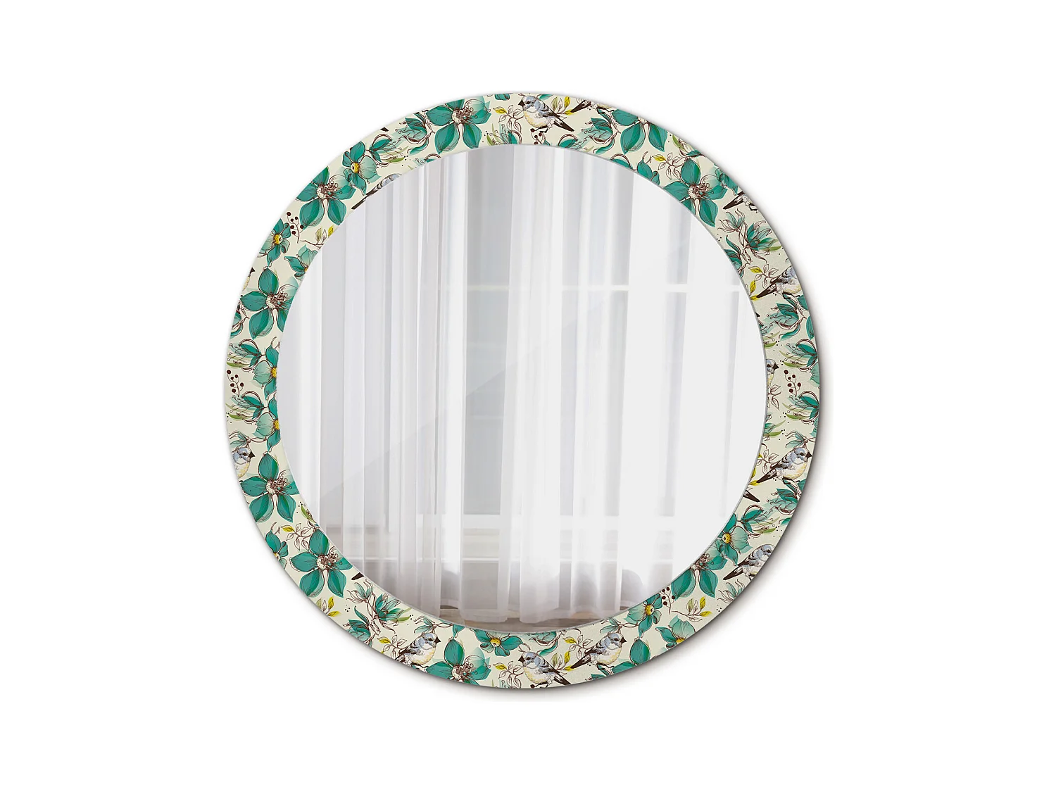 Miroir rond décoratif - Fleurs et oiseaux - 80 cm