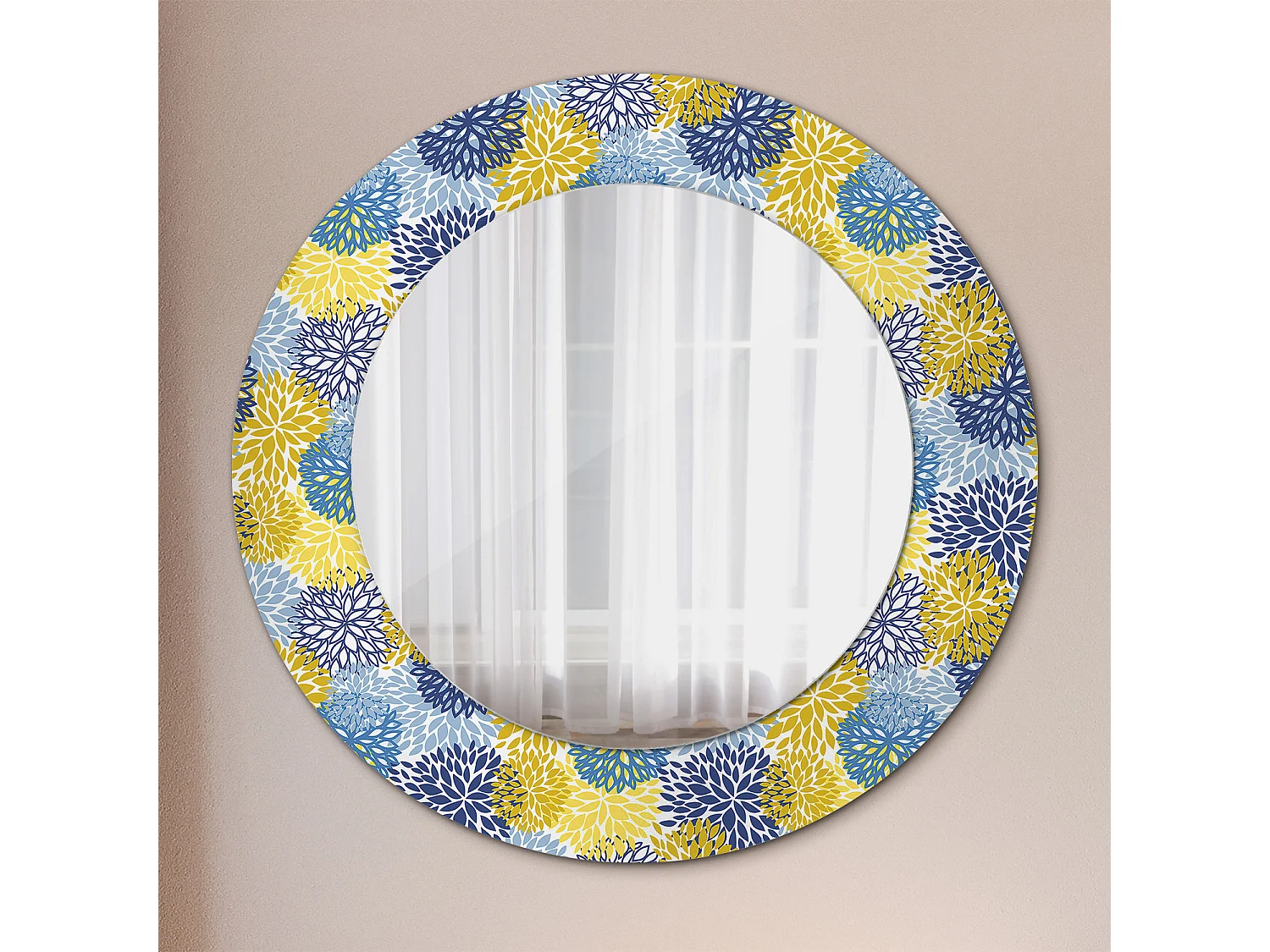 Dekorativer runder Spiegel - Blaue Blumen - 50 cm