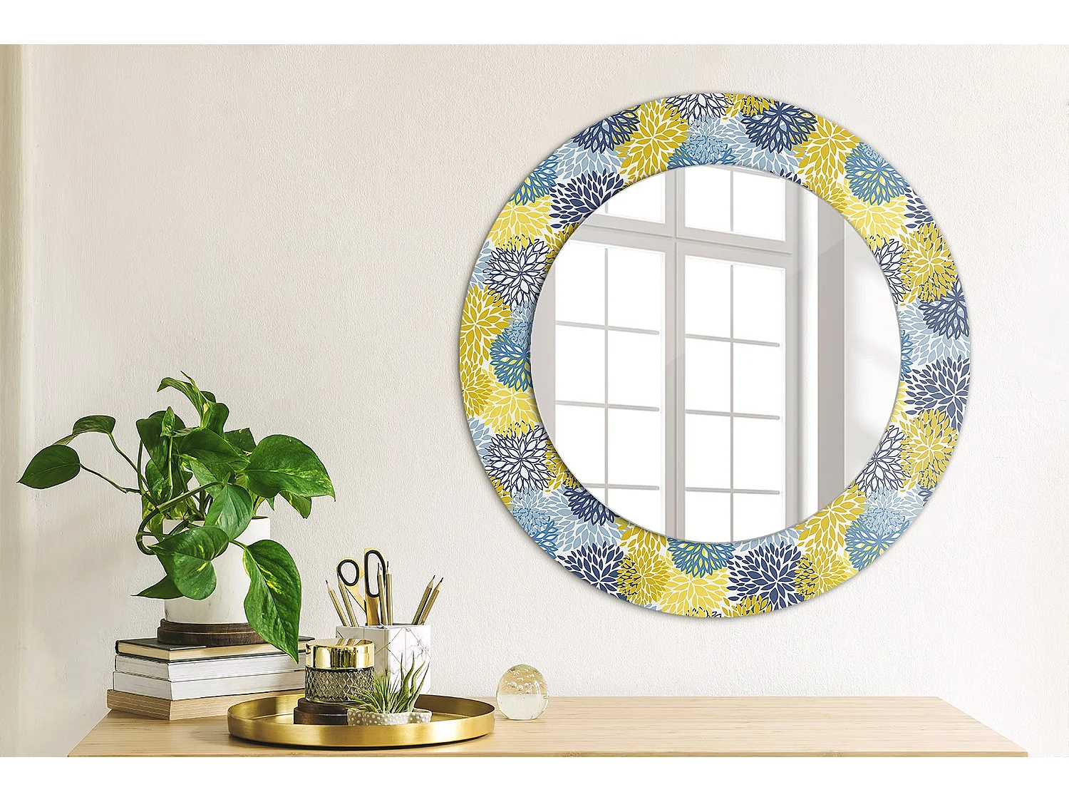 Dekorativer runder Spiegel - Blaue Blumen - 50 cm