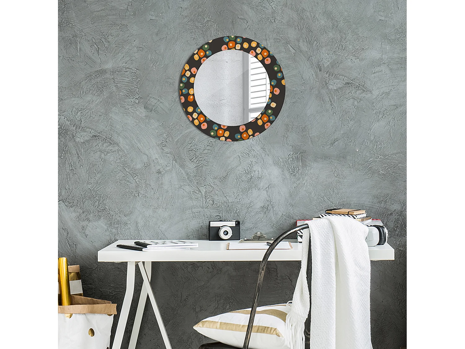 Miroir rond décoratif - Pois fleuris - 50 cm