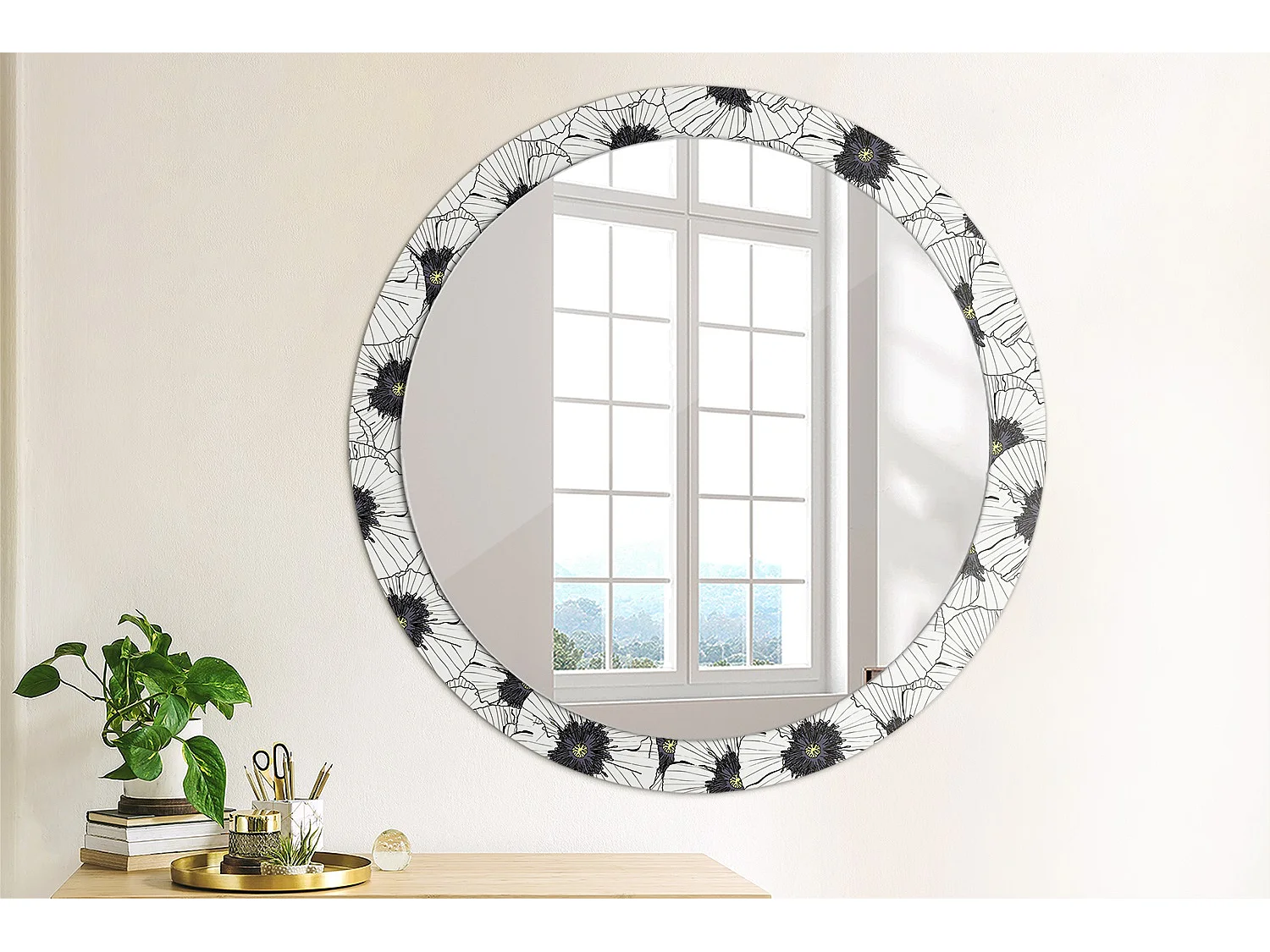 Miroir rond décoratif - Composition florale - 90 cm