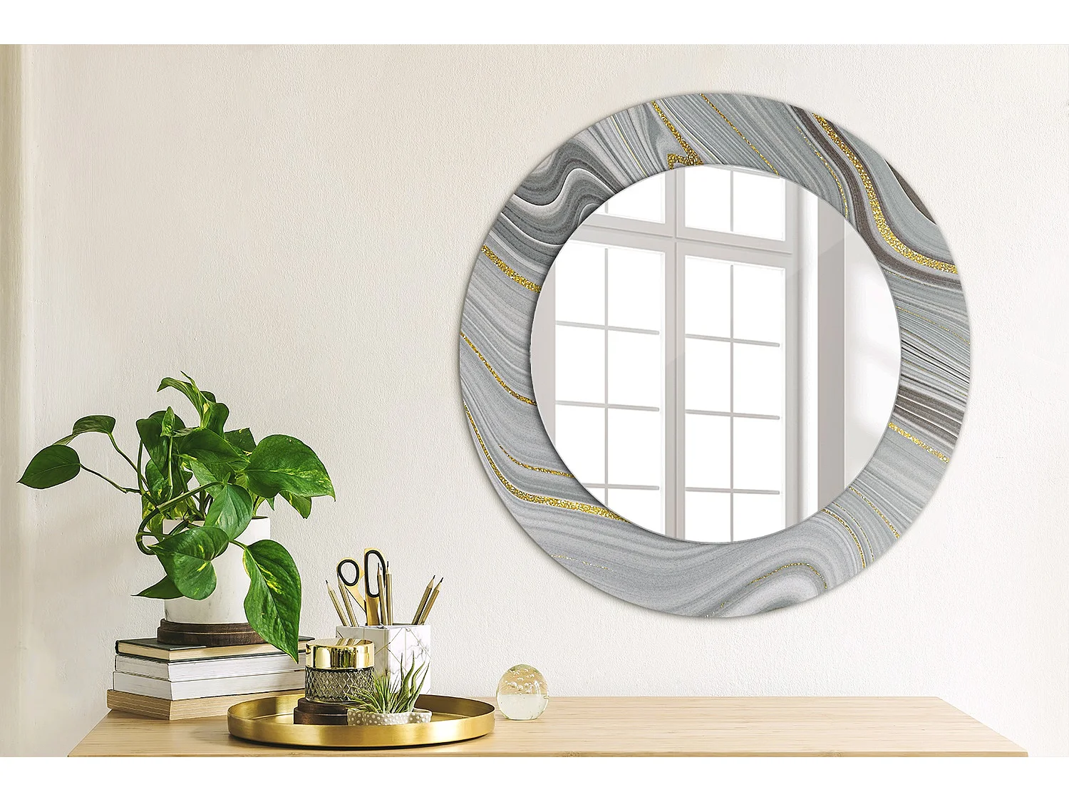 Runder dekorativer Spiegel - Grauer Marmor - 50 cm