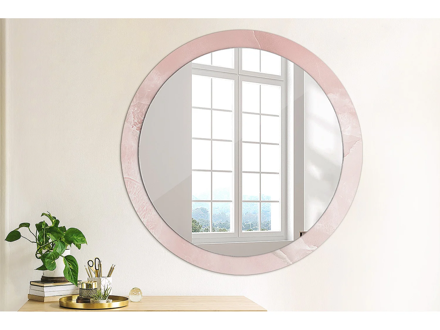 Runder dekorativer Spiegel - Rosa Stein - 90 cm