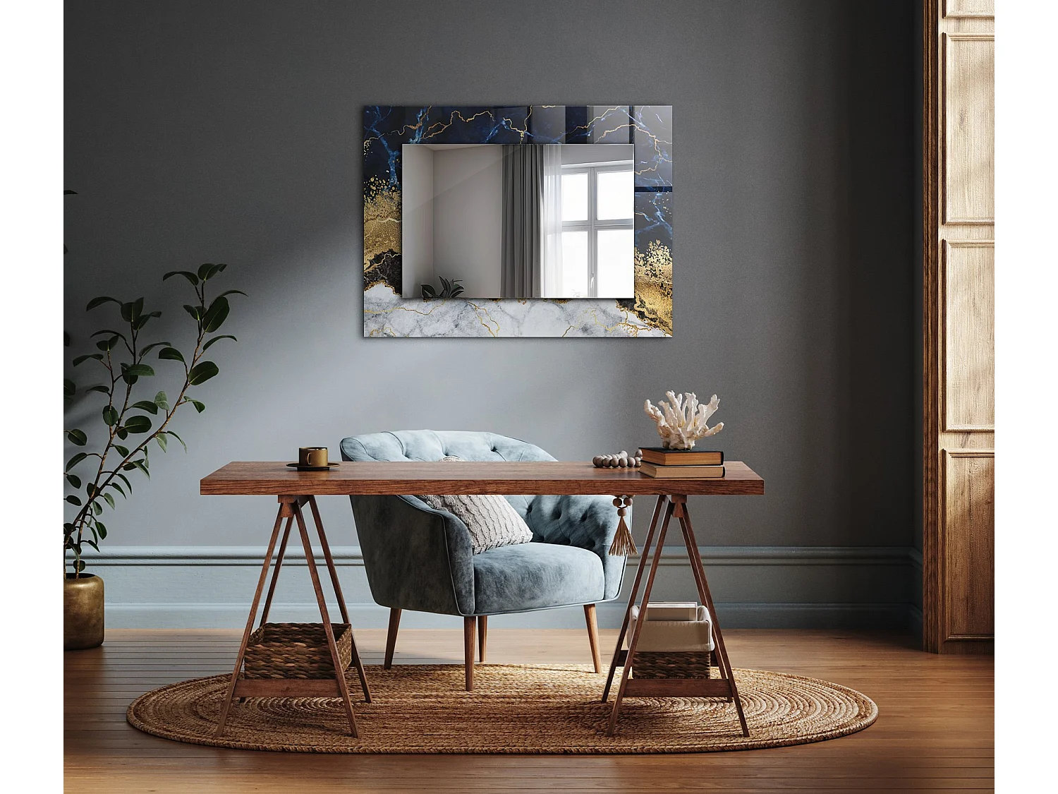 Decoratieve spiegel met abstracte marmeren lijst 80 x 60 cm