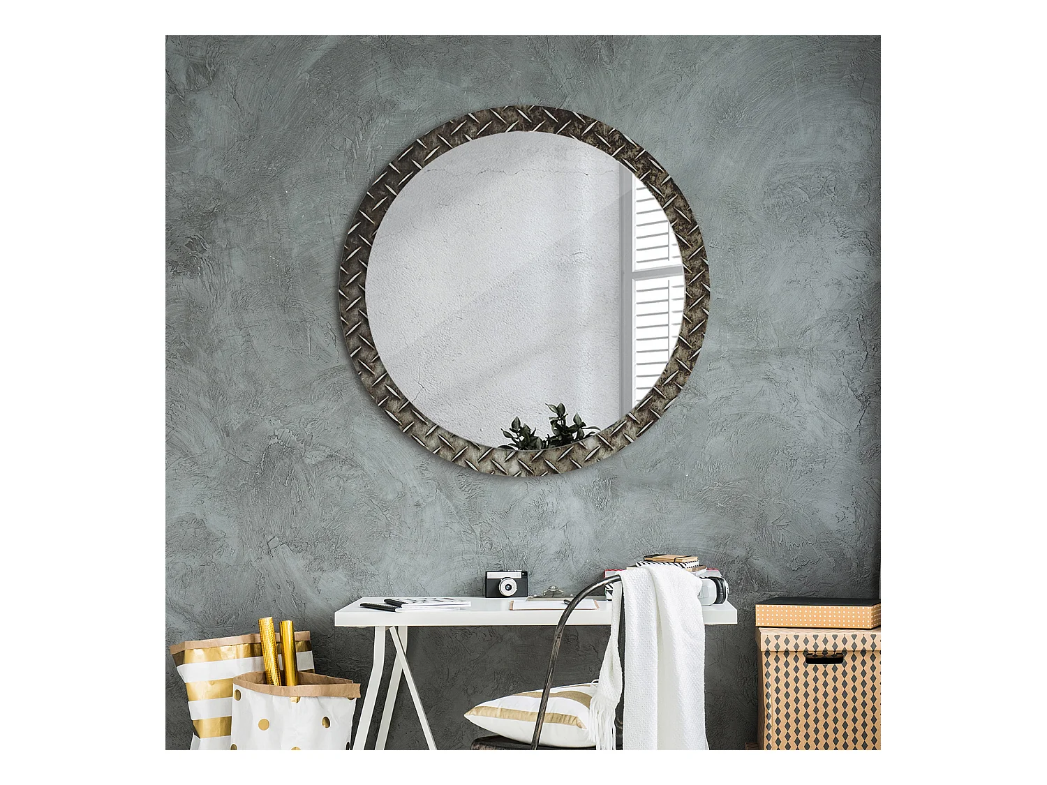 Miroir rond décoratif - Texture acier - 90 cm