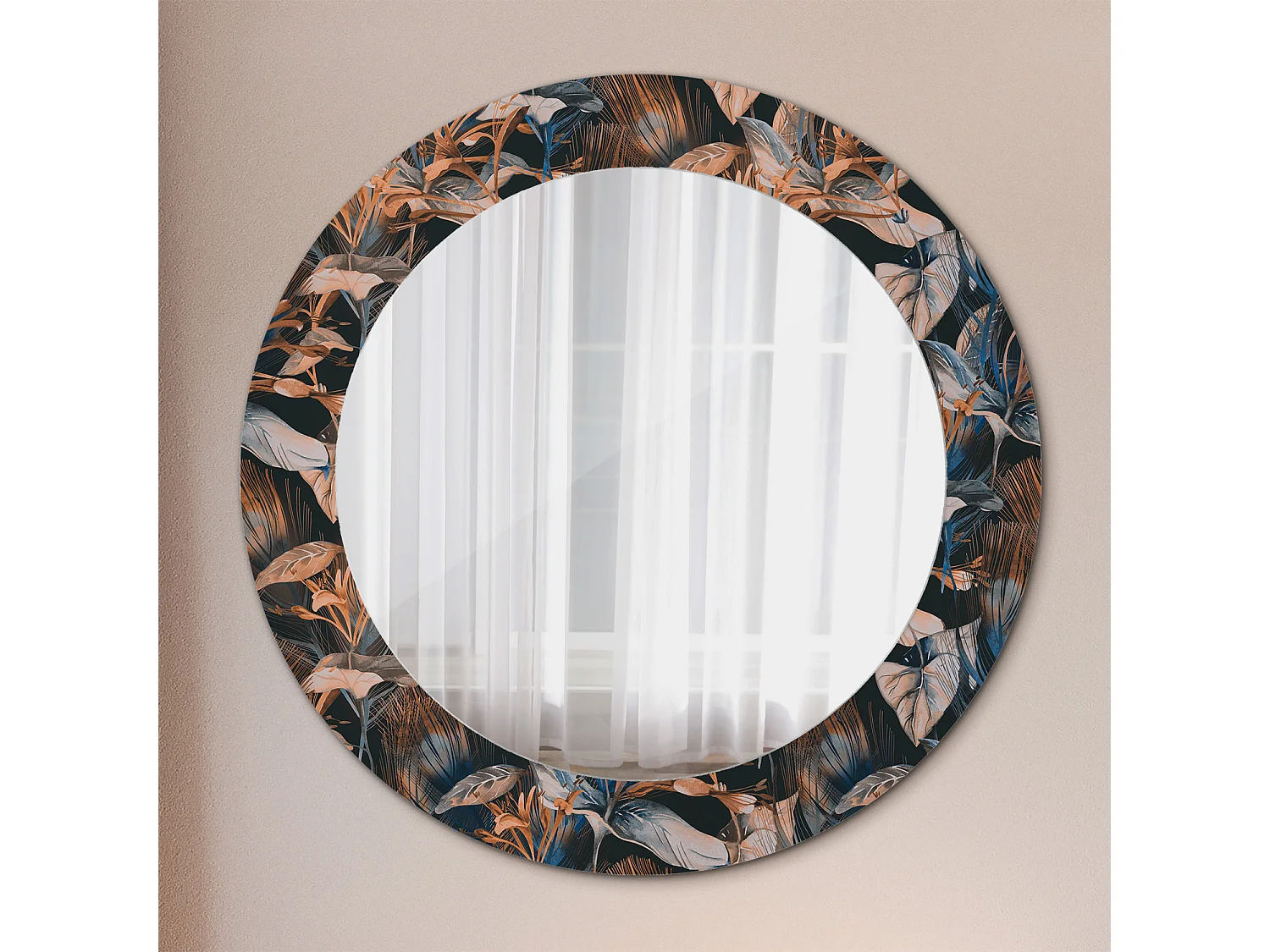 Ronde Decoratieve Spiegel – Donkere Tropische Bladeren – 60cm