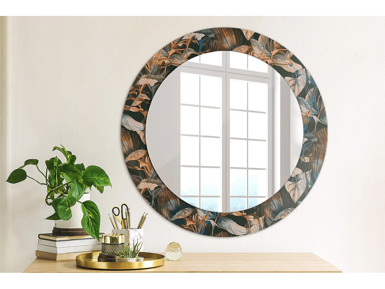 Ronde Decoratieve Spiegel – Donkere Tropische Bladeren – 60cm