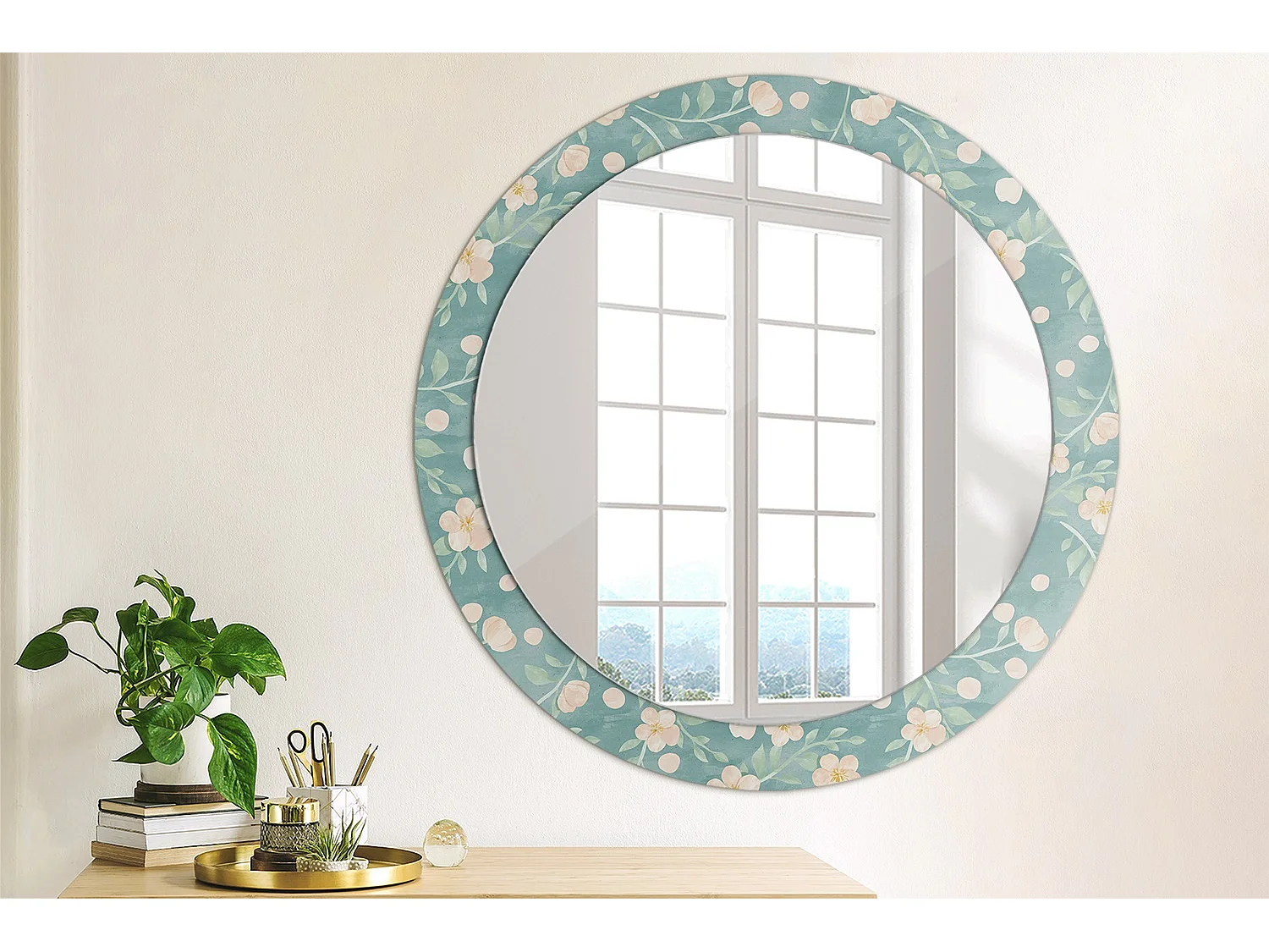 Miroir rond décoratif - Motif floral - 80 cm