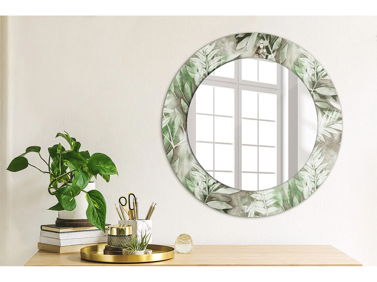 Decoratieve ronde spiegel - aquarelbladeren - 50 cm
