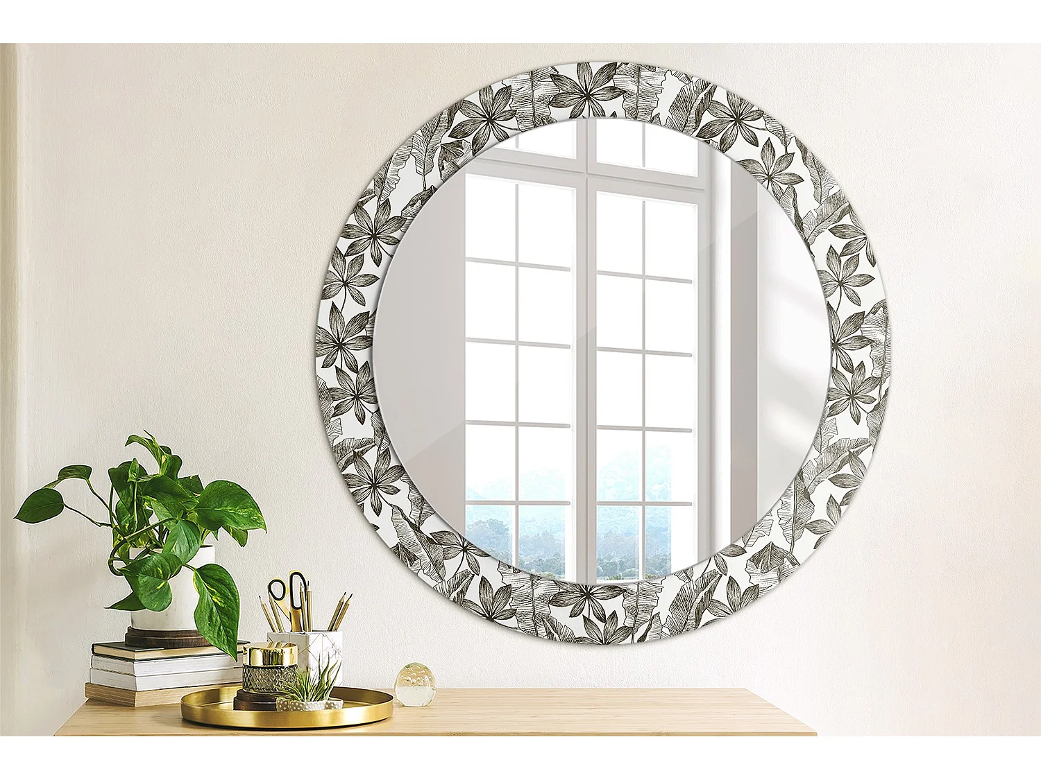Dekorativer runder Spiegel - Tropische Blätter - 60 cm
