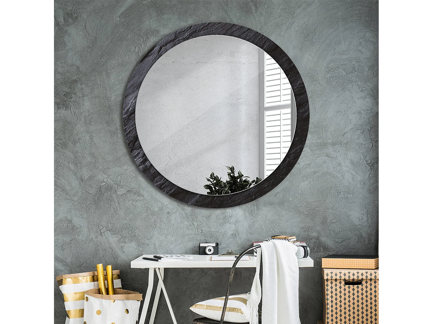 Miroir rond décoratif - Pierre noire - 100 cm