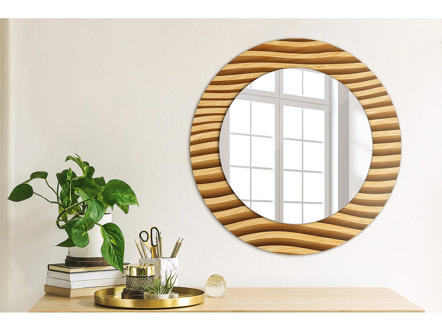 Miroir rond décoratif - Vague en bois - 50 cm