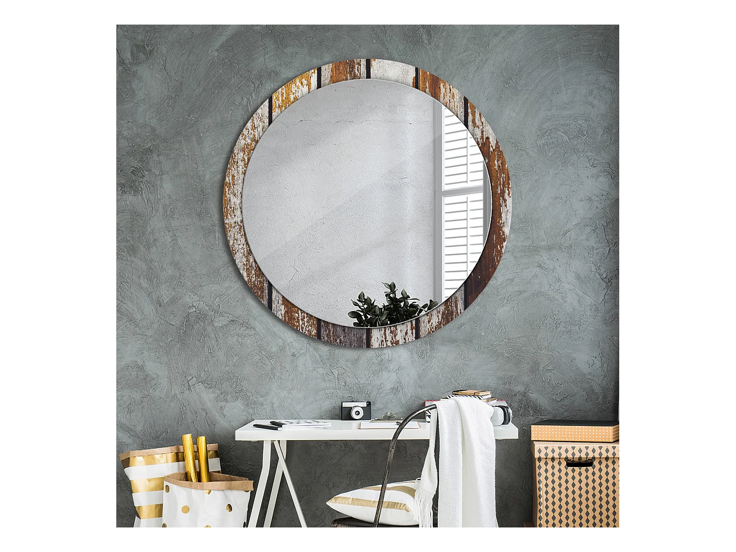 Miroir rond décoratif - Bois vintage foncé - 100 cm