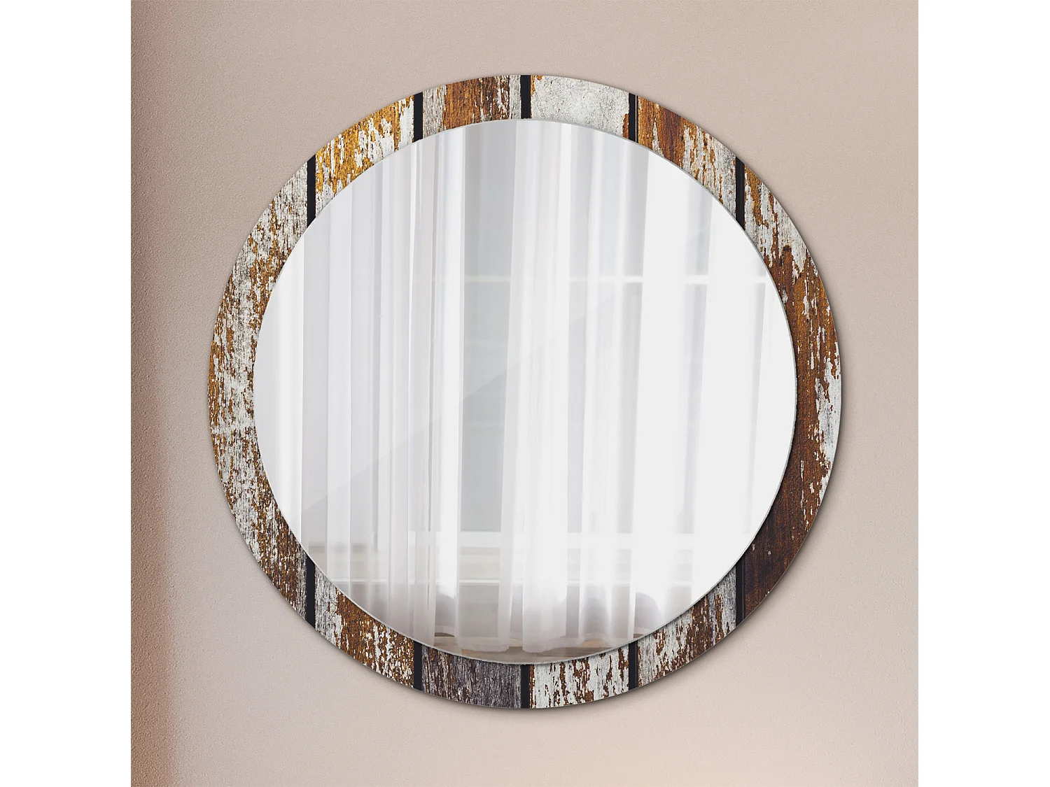 Miroir rond décoratif - Bois vintage foncé - 100 cm