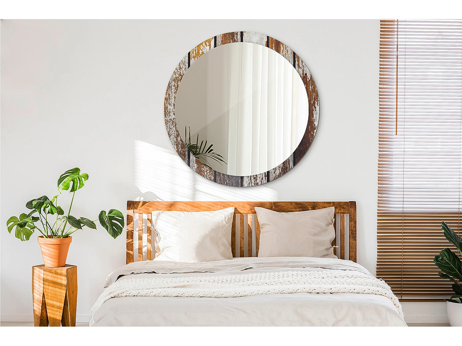 Miroir rond décoratif - Bois vintage foncé - 100 cm