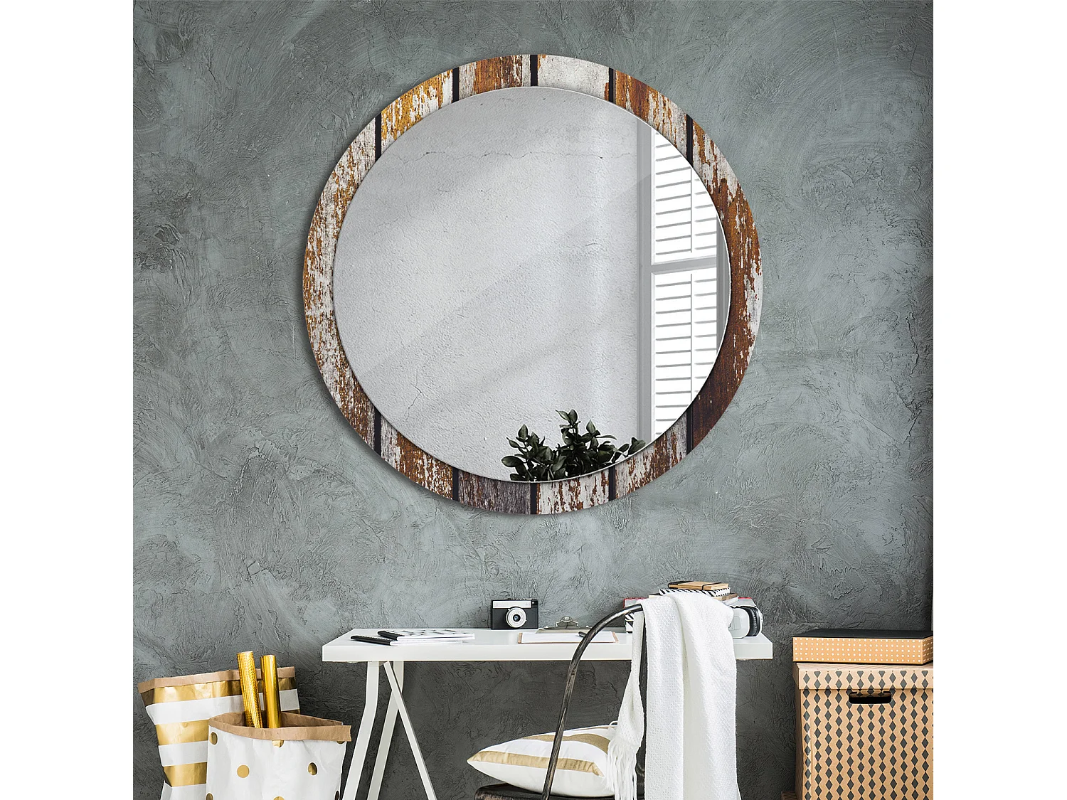 Miroir rond décoratif - Bois vintage foncé - 100 cm