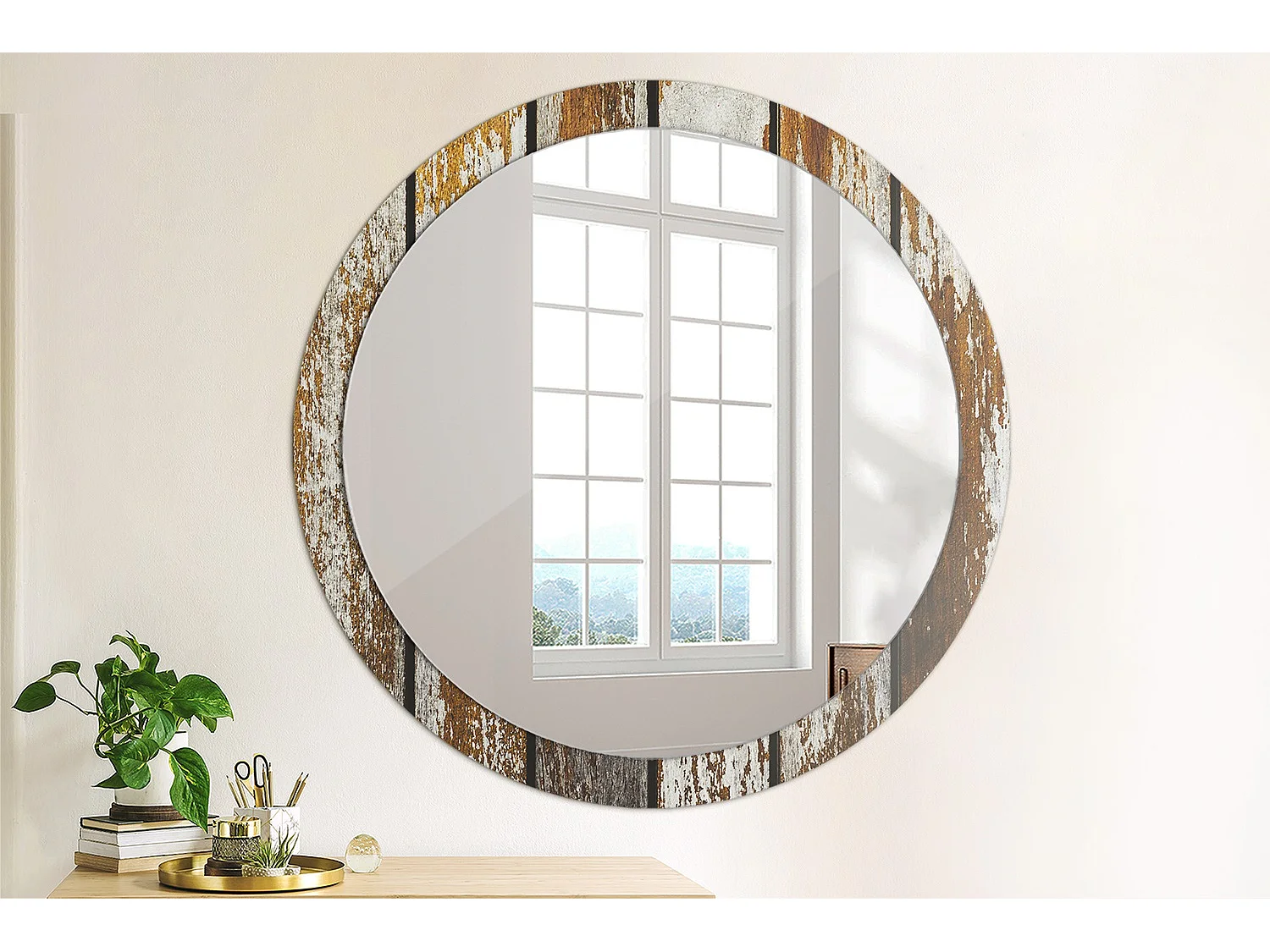 Miroir rond décoratif - Bois vintage foncé - 100 cm